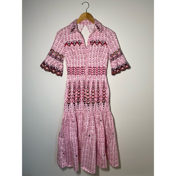 Temperley London Poet Tea Length Embroidered Dress Pink Eyelet Midi Small 4 - Picture 6 of 17
